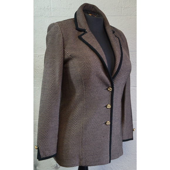 St. John Collection Pale Pink/Charcoal Herringbone Jacket w/ Suede Trim sz 6 - Picture 3 of 11